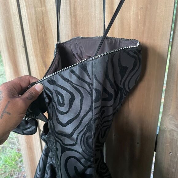 Vintage 80s AJ BARI Strapless Dress PEPLUM Velvet Flocked Taffeta Rhinestones S - Picture 6 of 10